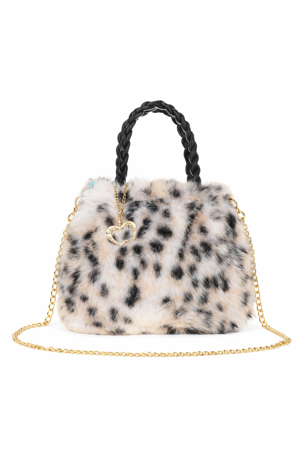 Borsa Leopardata Beige Effetto Peluche con Tracolla Dorata