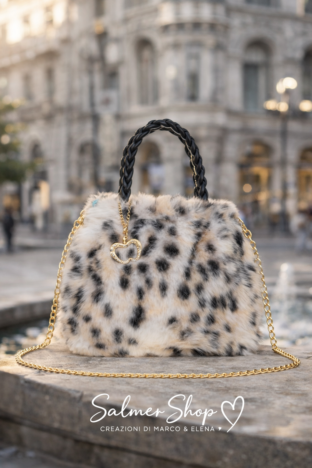 Borsa Leopardata Beige Effetto Peluche con Tracolla Dorata