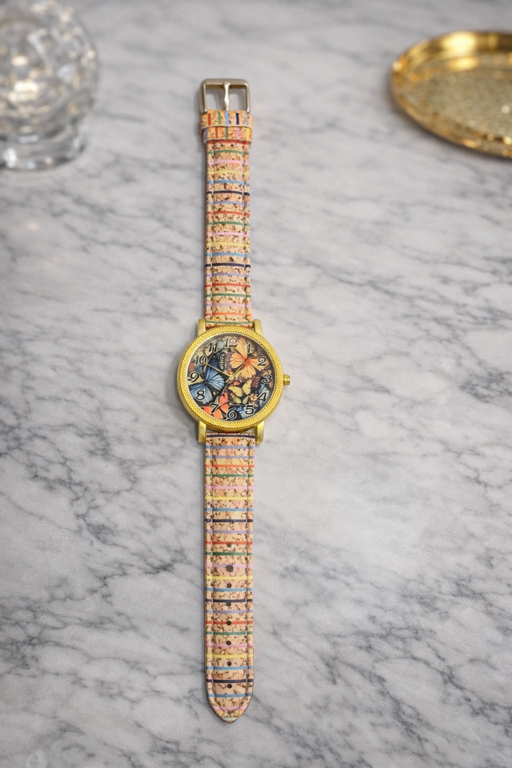 Orologio con Cinturino in Sughero Multicolor – Orologio Donna con Farfalle, Leggero, Sostenibile, Idea Regalo Originale Made in Sardinia