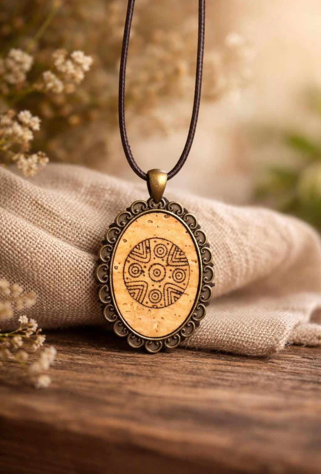 Collana con Ciondolo Ovale Artigianale, Collana Boho con Motivo Geometrico-Pintadera Sarda Gioiello Fatto a Mano