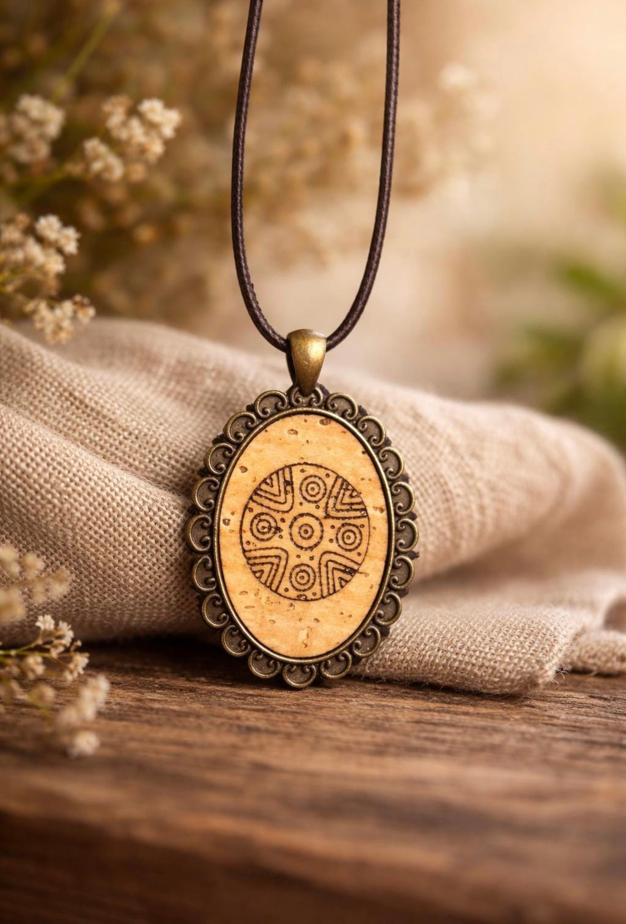 Collana con Ciondolo Ovale Artigianale, Collana Boho con Motivo Geometrico-Pintadera Sarda Gioiello Fatto a Mano