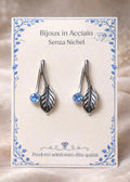 Orecchini Foglia in Acciaio Inox e Cristallo, Pendenti Naturalistici Blu, Gioielli Senza Nichel, Regalo Donna Botanico