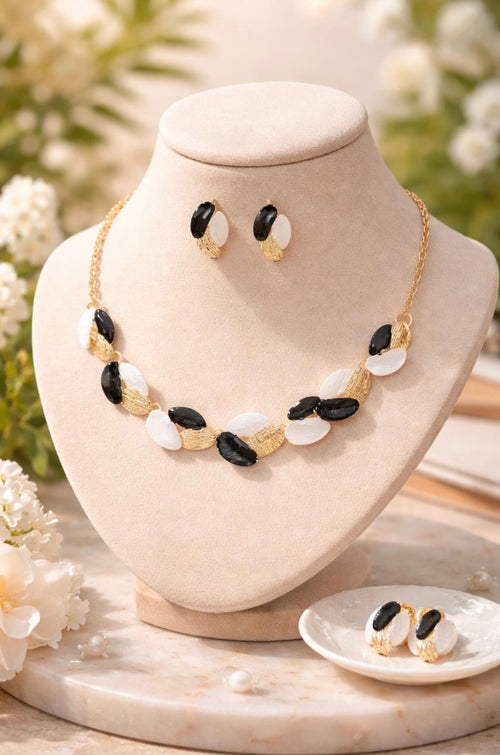 Set Collana e Orecchini Donna eleganti.Gioielli in acciaio dorato Bianco e Nero,stile raffinato-smalto vetrificato