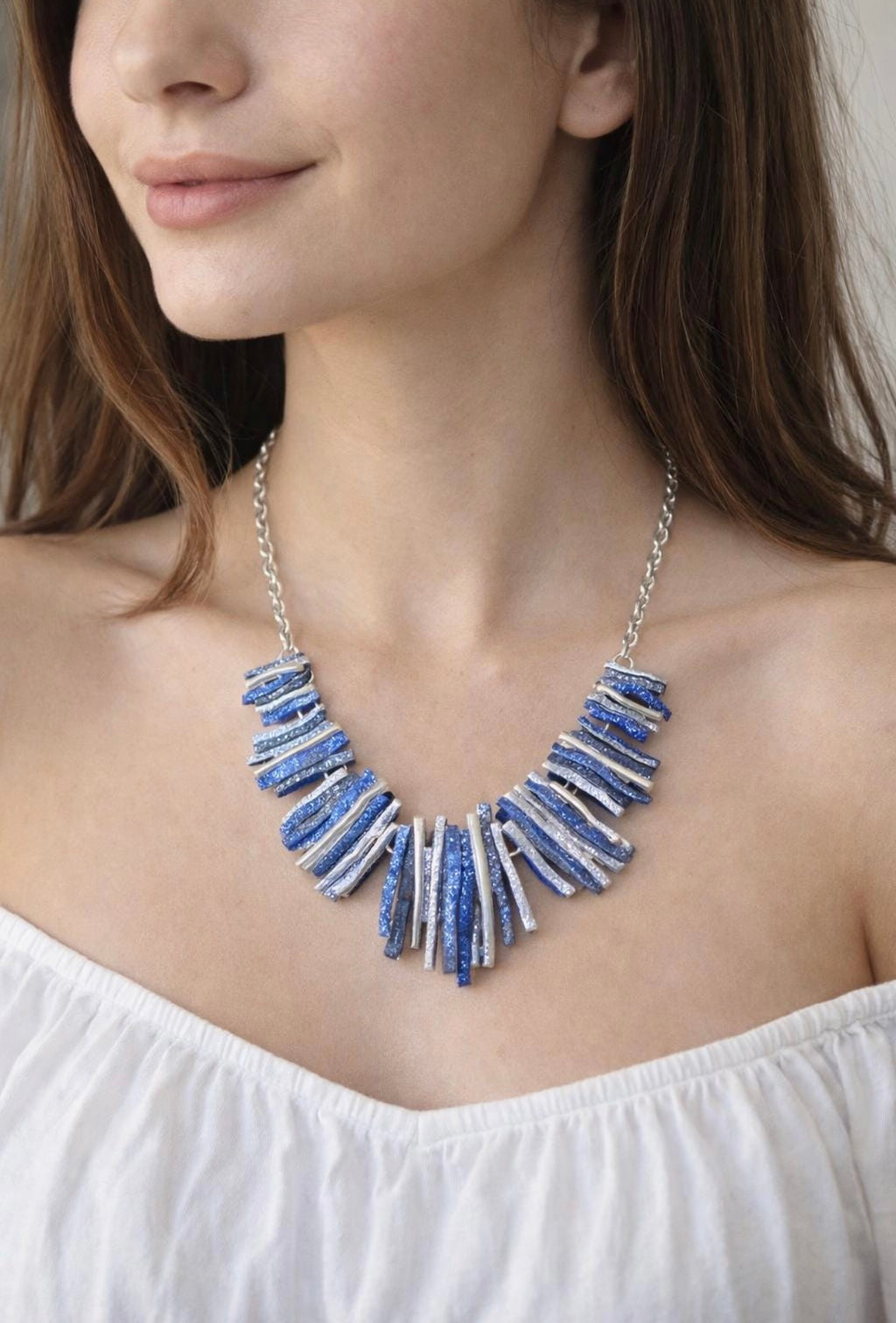 Collana Donna Elegante Blu in Acciaio Inossidabile – Bijoux Senza Nichel, Collana Artistica a Lamelle, Idea Regalo