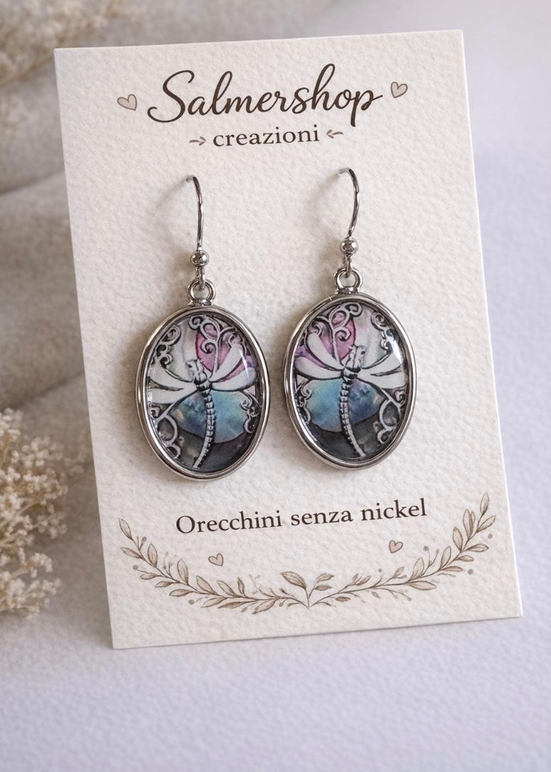 Orecchini Libellula Pendenti, Gioielli Artistici con Cabochon in Vetro, Orecchini Ovali Vintage Argentati, Regalo Donna Simbolo Rinascita