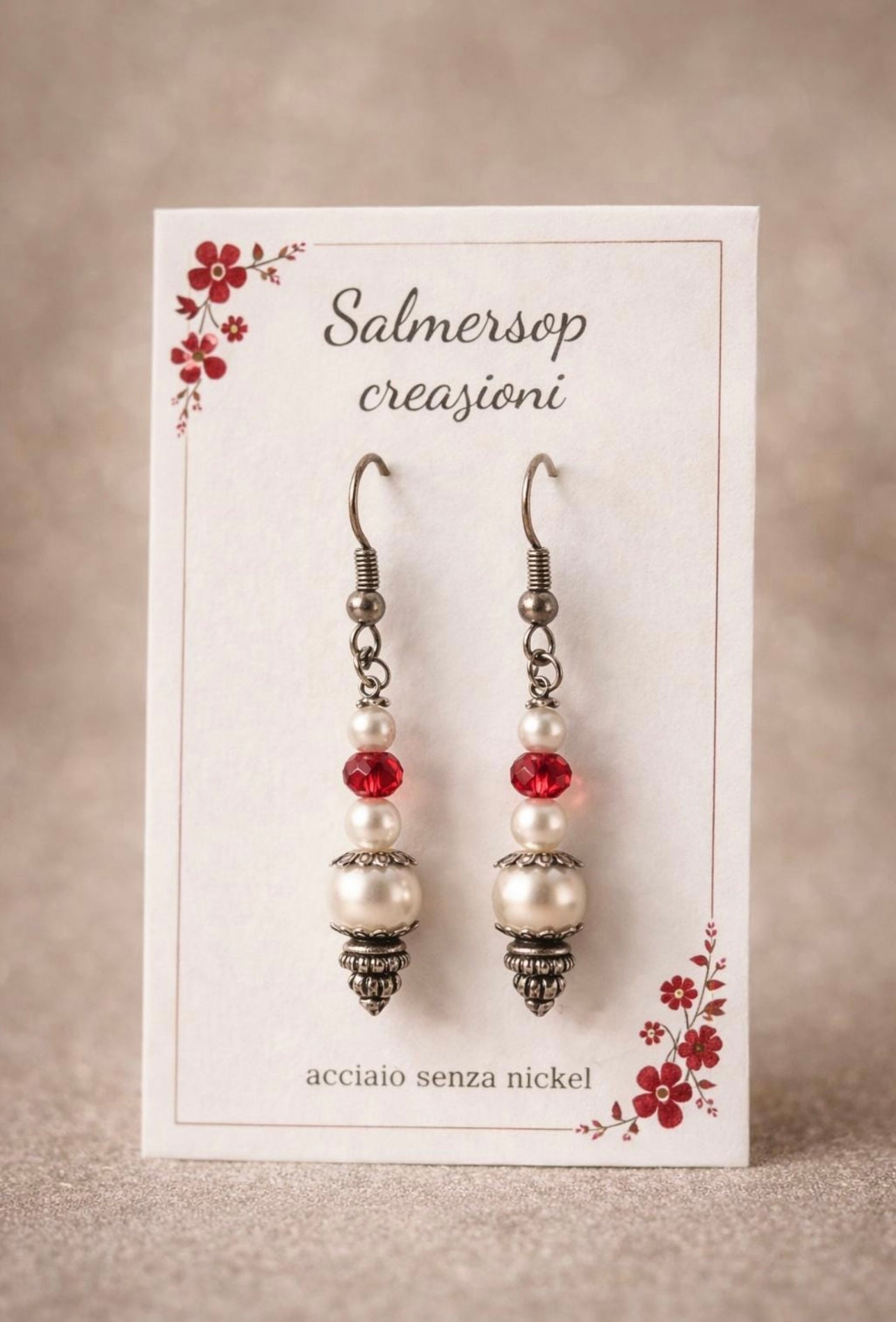 Orecchini Pendenti con Perle e Cristallo Rosso, Gioielli Vintage Barocchi Fatti a Mano, Pendenti Boho Chic Regalo per Lei