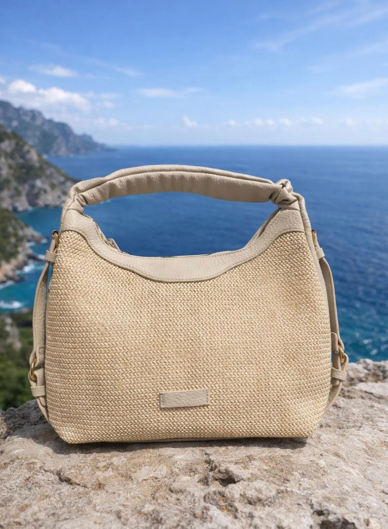 Borsa a spalla estiva in paglia e semipelle - set due colori Stile boho chic