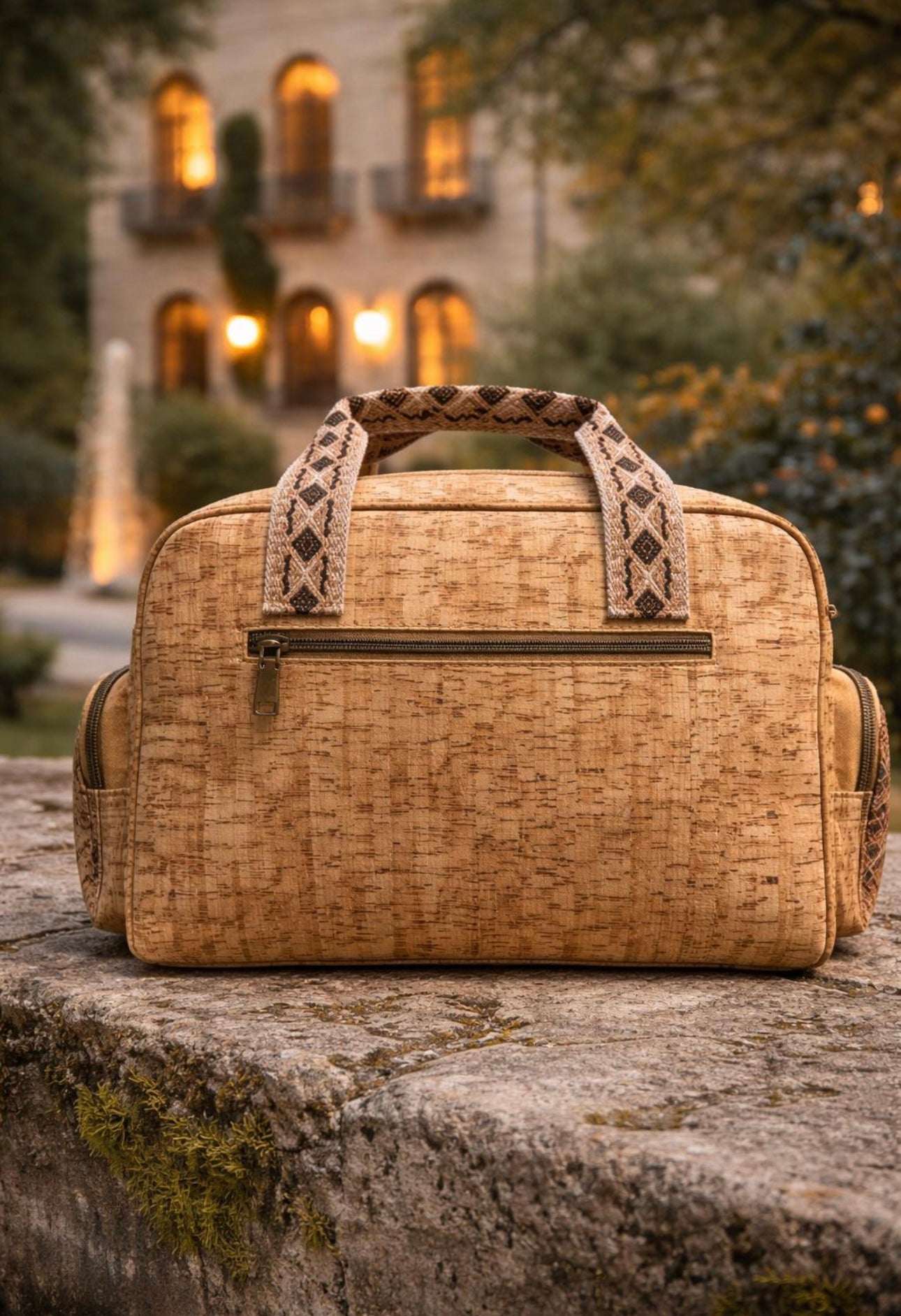 Borsa in sughero stile boho con manici decorati – Borsa artigianale naturale da viaggio e uso quotidiano
