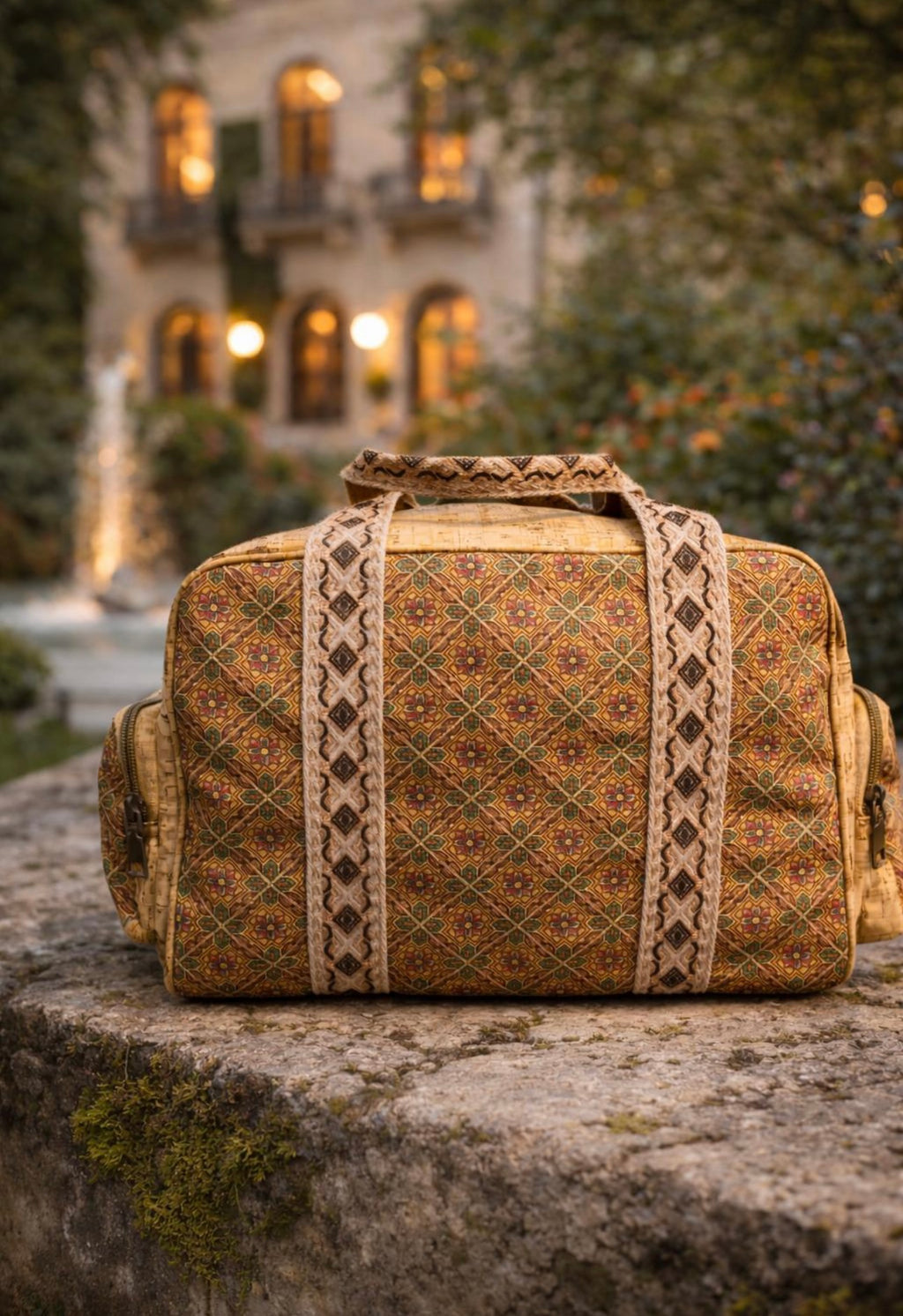 Borsa in sughero stile boho con manici decorati – Borsa artigianale naturale da viaggio e uso quotidiano