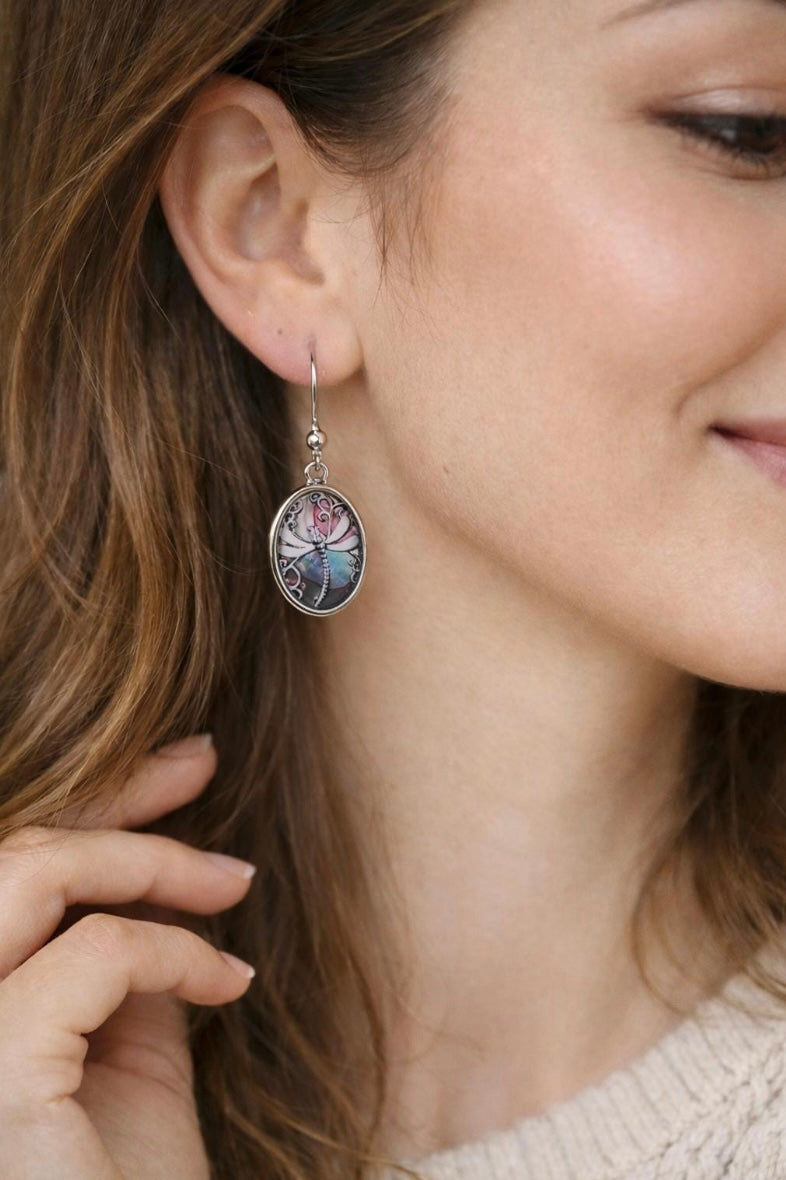 Orecchini Libellula Pendenti, Gioielli Artistici con Cabochon in Vetro, Orecchini Ovali Vintage Argentati, Regalo Donna Simbolo Rinascita