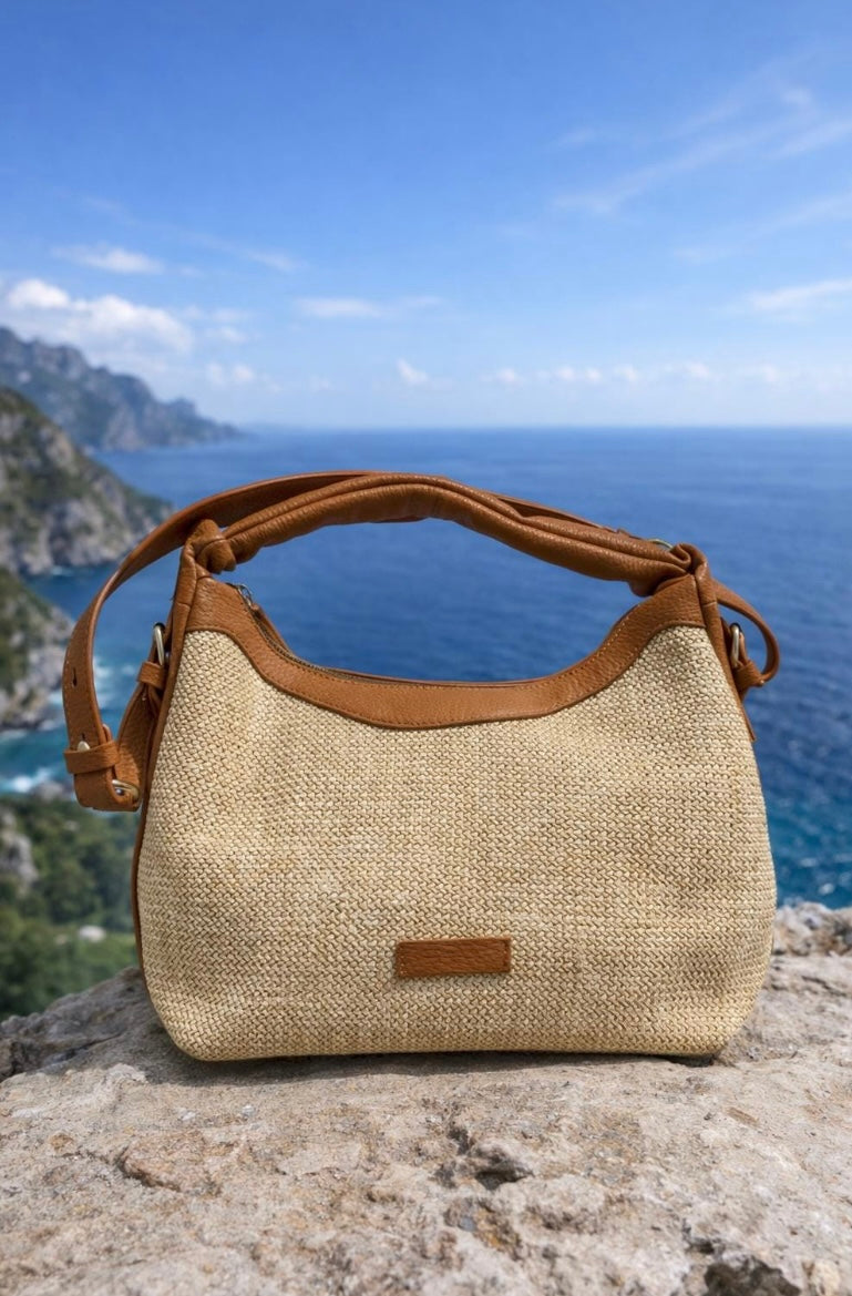 Borsa a spalla estiva in paglia e semipelle - set due colori Stile boho chic