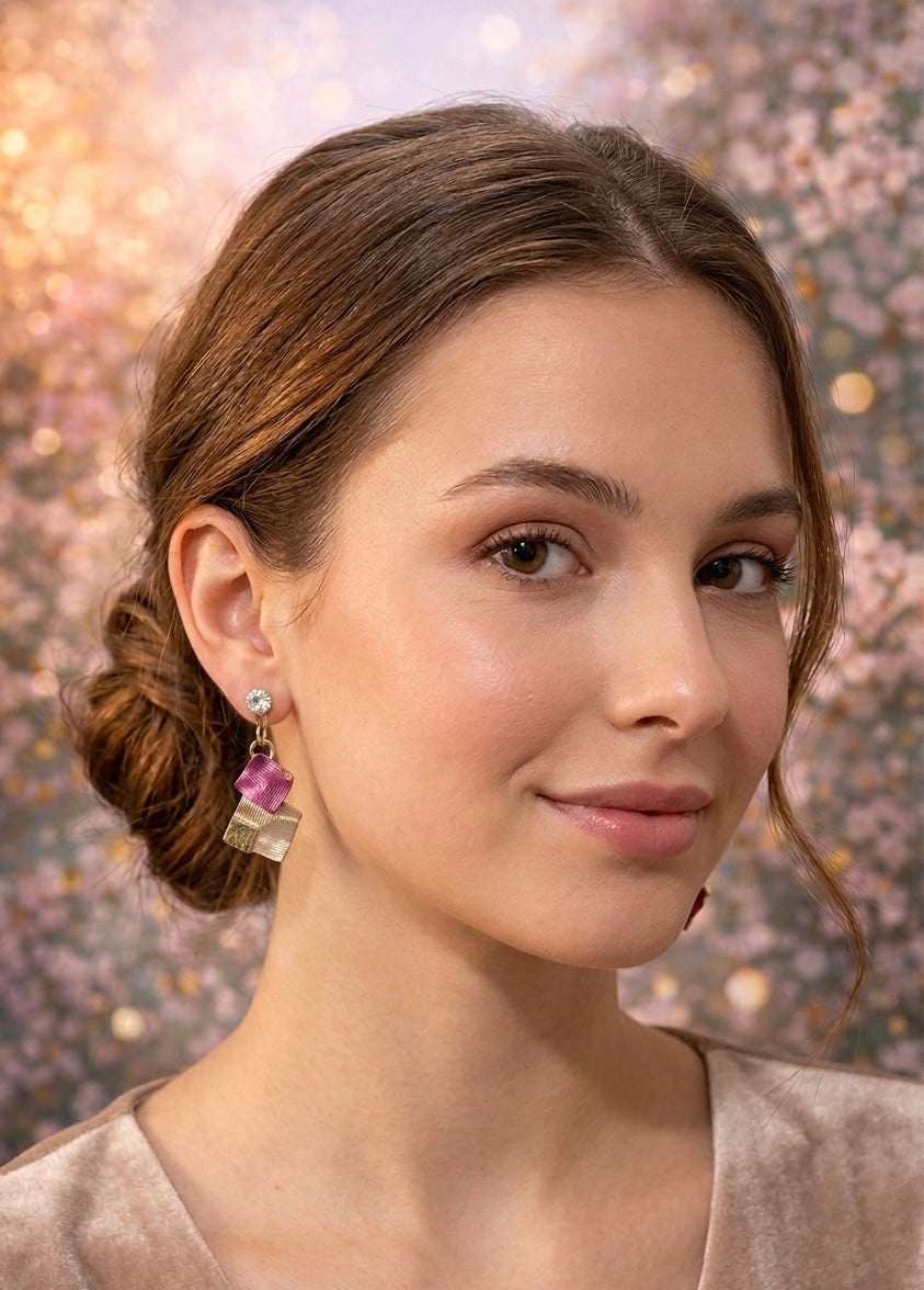 Orecchini Pendenti Rosa e Oro – Orecchini Eleganti Donna – Acciaio Senza Nickel – Orecchini Moderni Leggeri con Cristallo – Idea Regalo Donna