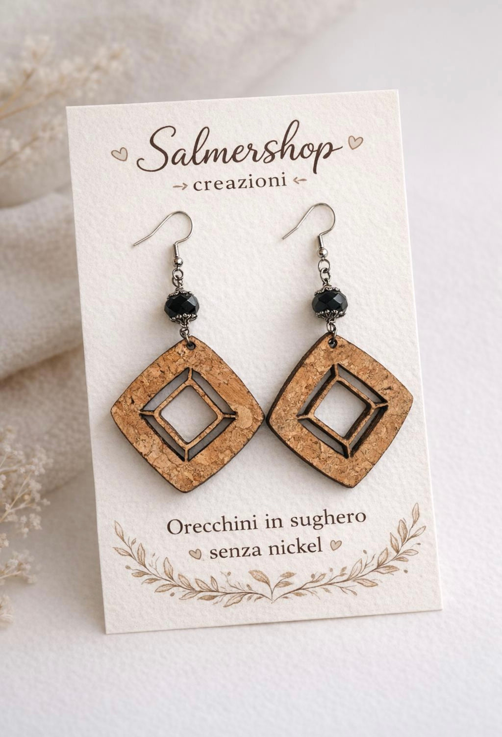 Orecchini in Sughero a Losanga, Pendenti Geometrici Leggeri, Gioielli Eco-friendly in Legno e Sughero, Regalo Donna Boho Chic Naturali