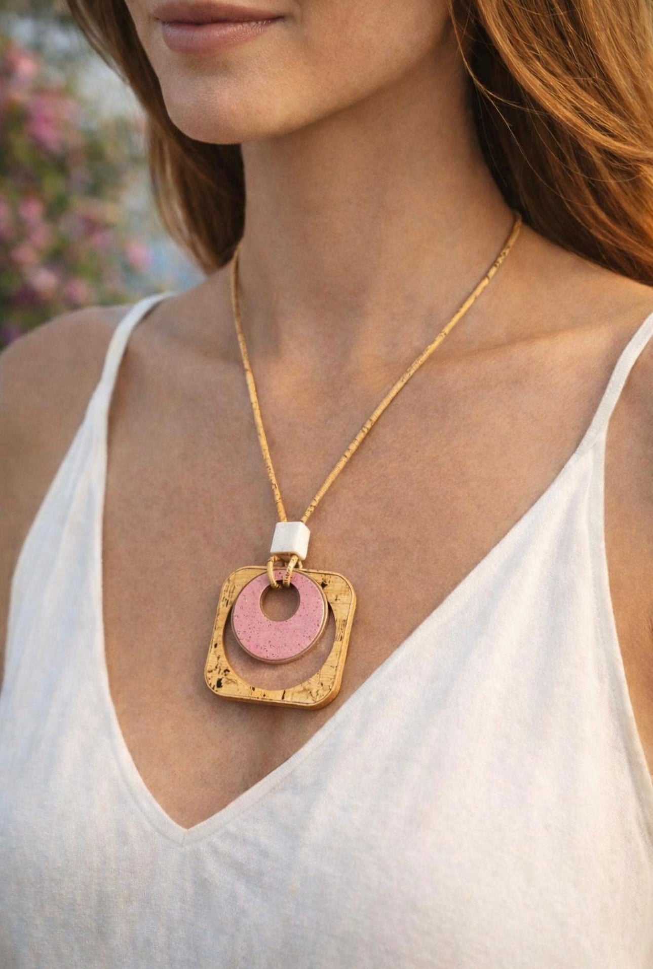 Collana artigianale in sughero con pendente geometrico rosa, gioiello naturale eco-friendly fatto a mano