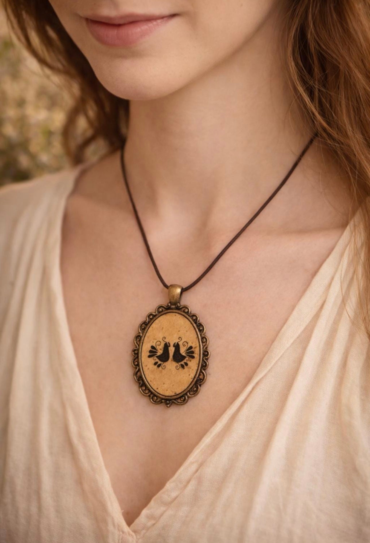 Collana con Ciondolo Ovale Artigianale, Collana Boho con Motivo Geometrico Pavoncelle Sarde, Gioiello Fatto a Mano