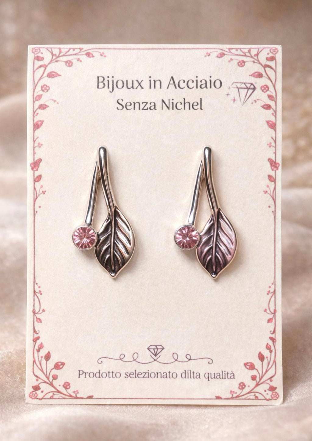 Orecchini Foglia in Acciaio Inox e Cristallo, Pendenti Naturalistici Viola,Gioielli Senza Nichel, Regalo Donna Botanico