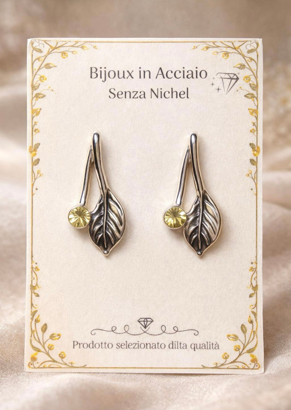 Orecchini Foglia in Acciaio Inox e Cristallo, Pendenti Naturalistici Verdi, Gioielli Senza Nichel, Regalo Donna Botanico