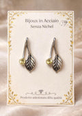 Orecchini Foglia in Acciaio Inox e Cristallo, Pendenti Naturalistici Verdi, Gioielli Senza Nichel, Regalo Donna Botanico