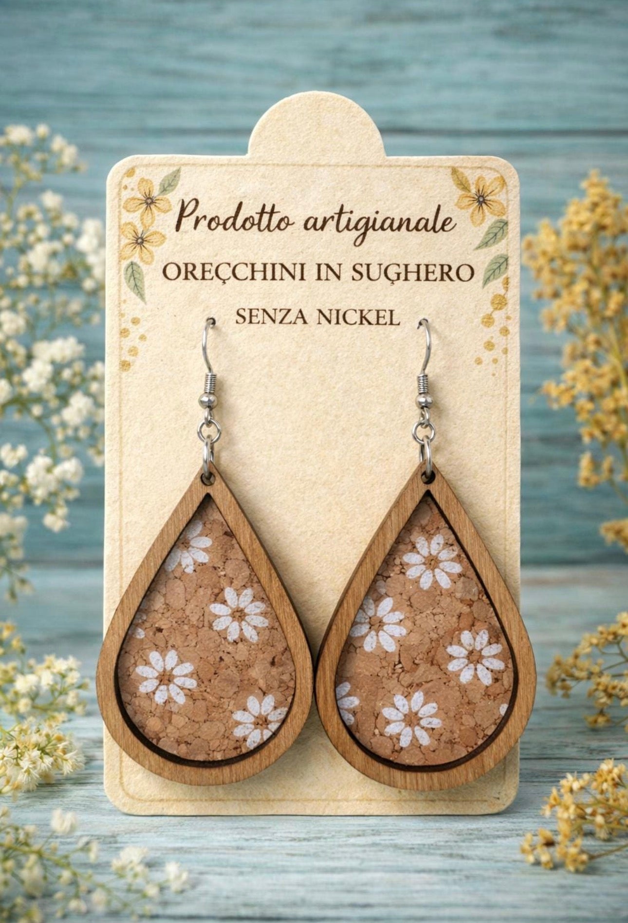 Orecchini in Sughero Artigianali Senza Nickel – Orecchini a Goccia Naturali in Legno, Idea Regalo Donna
