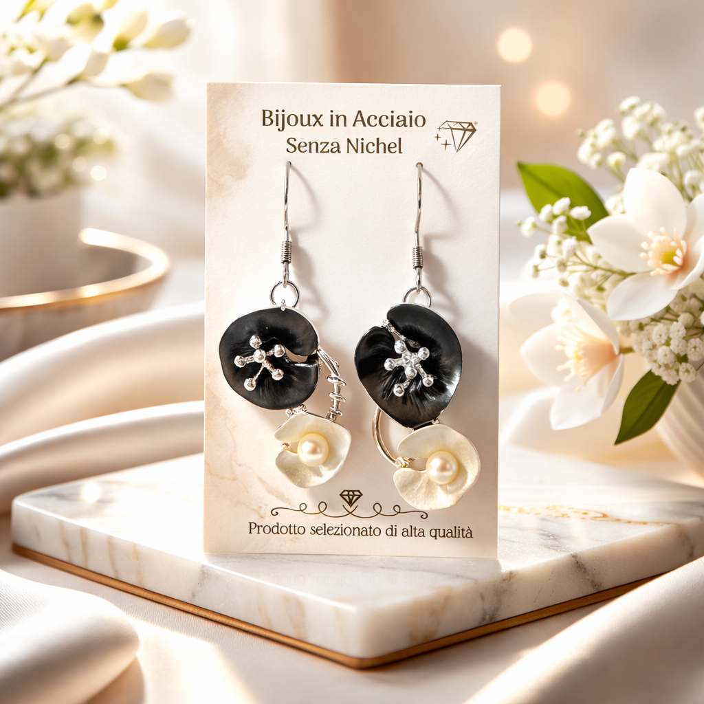 Orecchini Pendenti Eleganti con Perla – Acciaio Senza Nickel – Orecchini Donna Chic Nero e Perla – Gioielli Eleganti Leggeri – Idea Regalo Donna