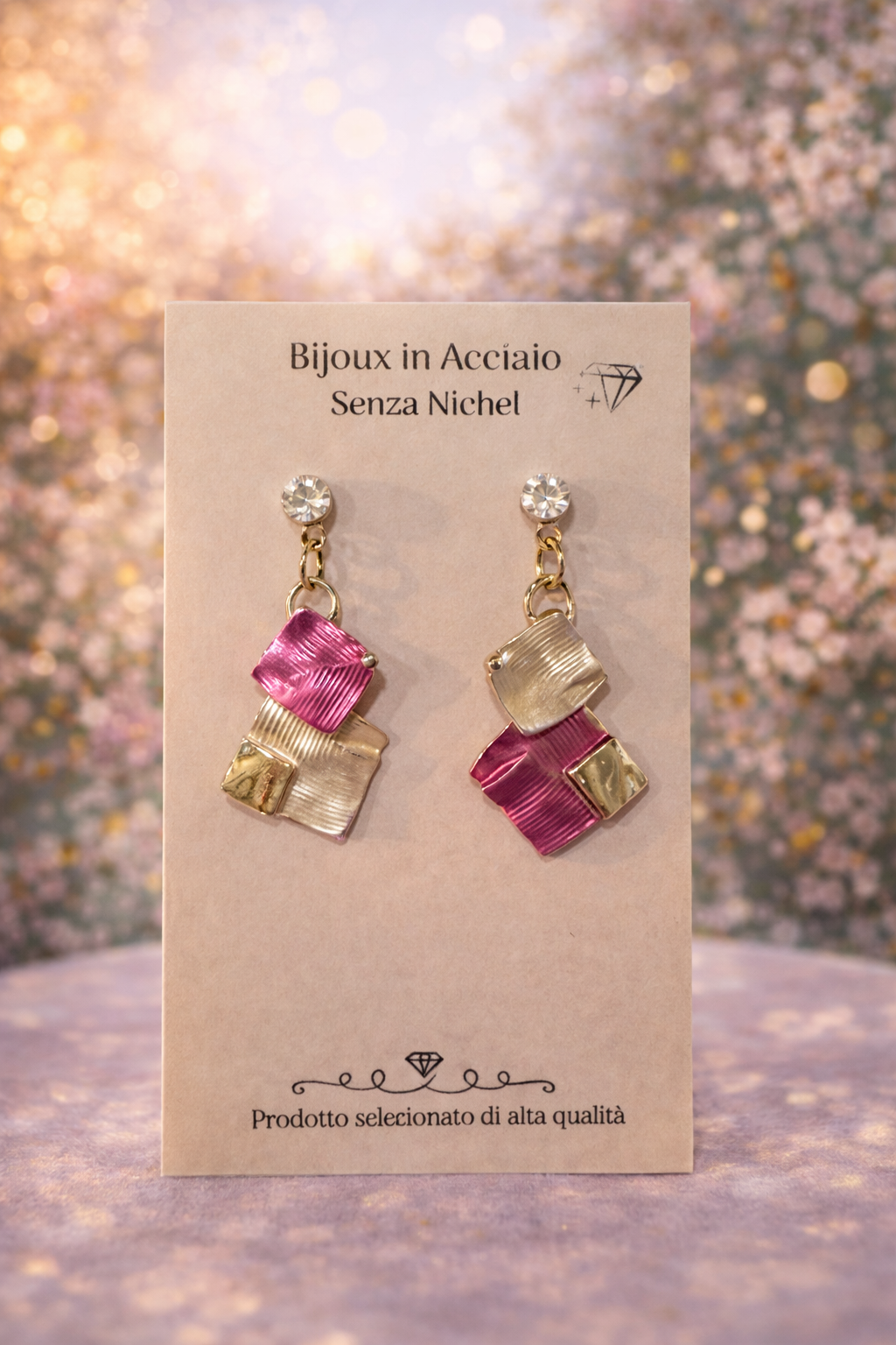 Orecchini Pendenti Rosa e Oro – Orecchini Eleganti Donna – Acciaio Senza Nickel – Orecchini Moderni Leggeri con Cristallo – Idea Regalo Donna